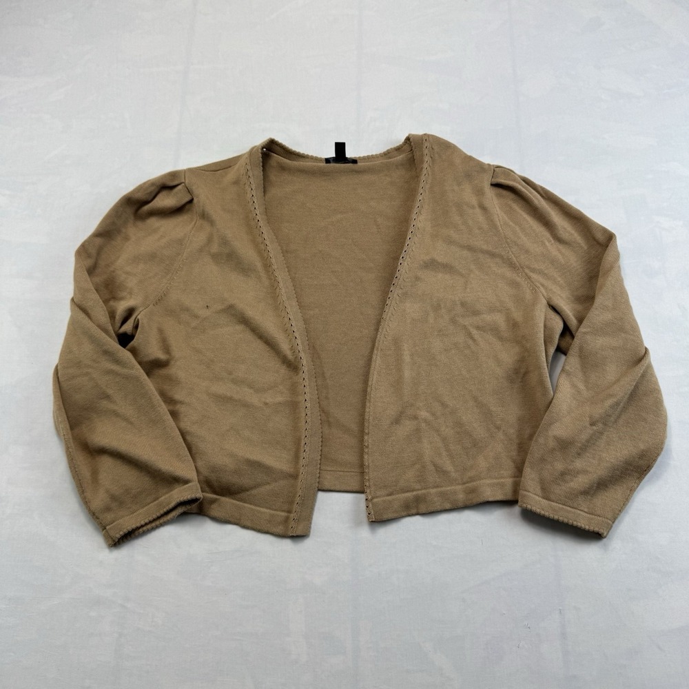 Talbots Womens Medium Cropped Open Front Cardigan Tan 3/4 Sleeve